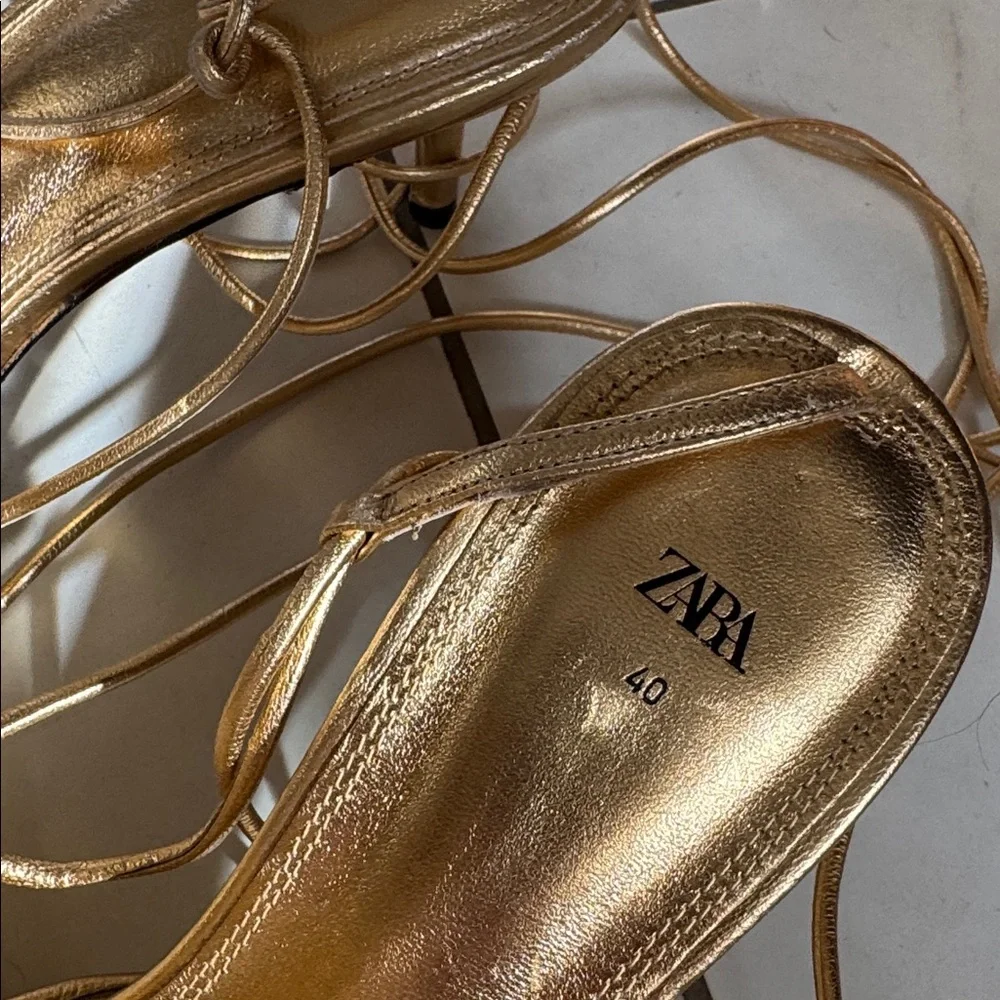 ZARA Metallic Gold Floral Lace-Up Sandals kitten heel  40 9 - Picture 6 of 10